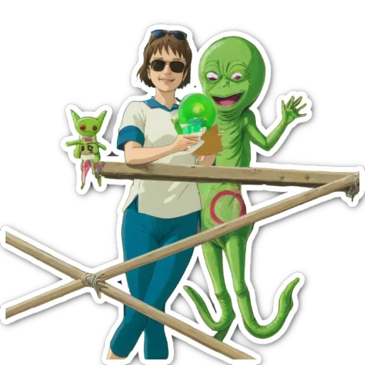 A woman holding a round object is standing next to a green alien.