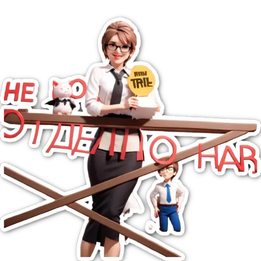 A sticker of a woman with glasses holding a sign that says "He do not have a right to trial".