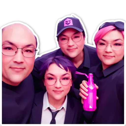 A group of people taking a picture together, one of whom is holding a pink bottle.