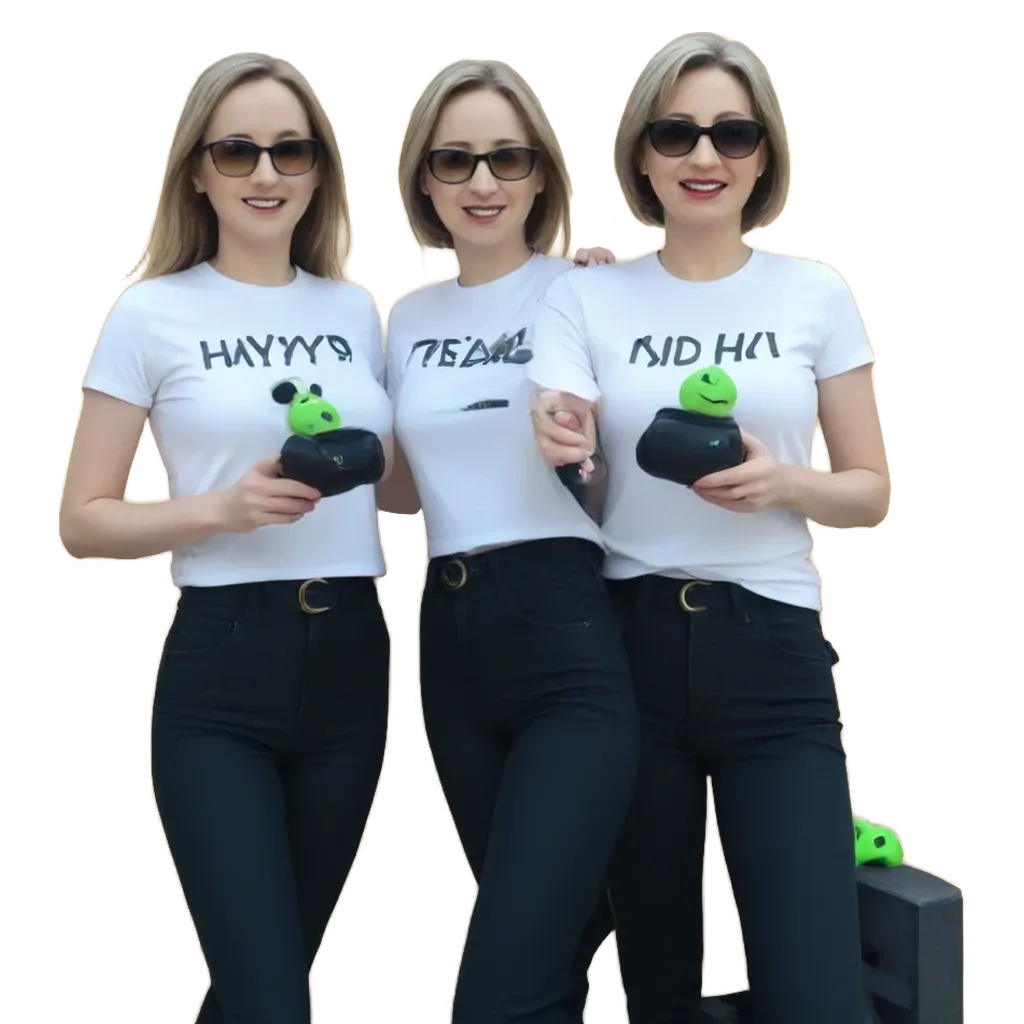 Three women wearing white shirts that say "hayyys" on the front.