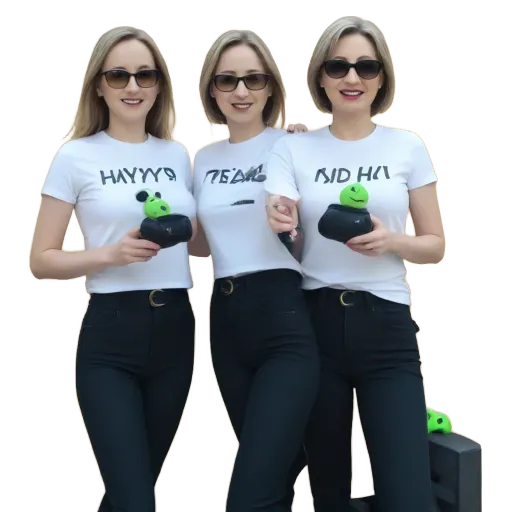 Three women wearing white shirts that say "hayyys" on the front.