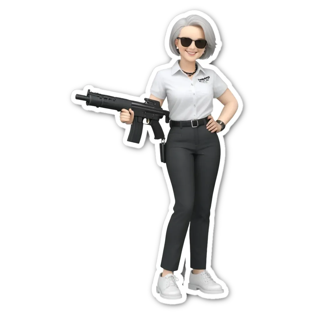 A sticker of a woman with a gun that is white.