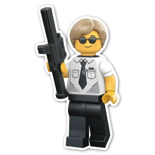 A lego person holding a gun with sunglasses on.