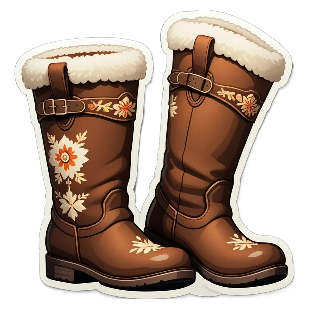 A pair of boots with flowers and fur on the boots.