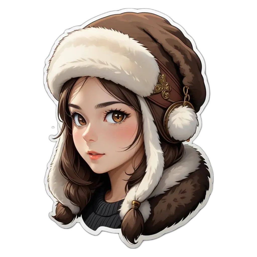 A girl wearing a white and brown hat with pom poms is painted in detail.