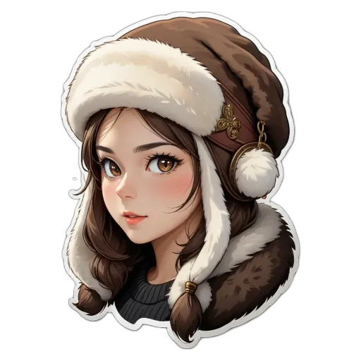 A girl wearing a white and brown hat with pom poms is painted in detail.