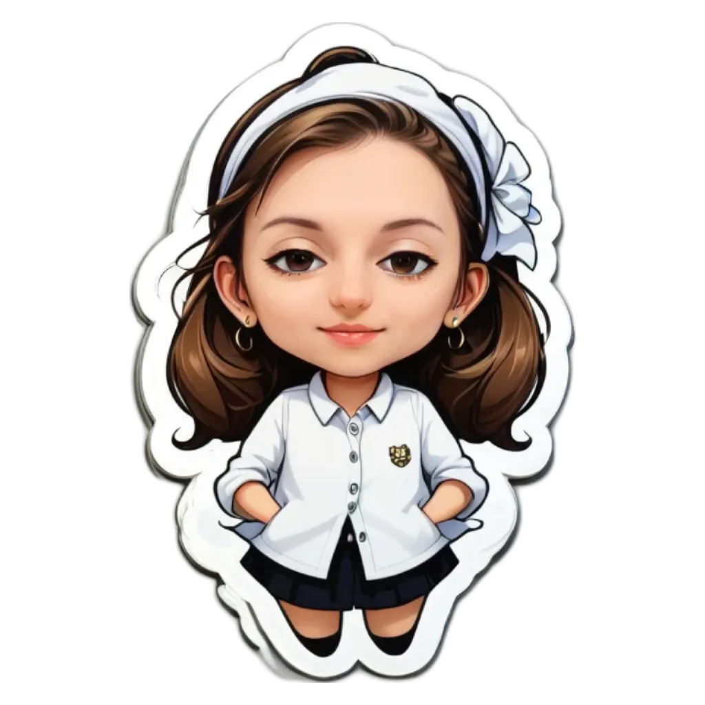 A sticker of a girl wearing a white shirt and black skirt.