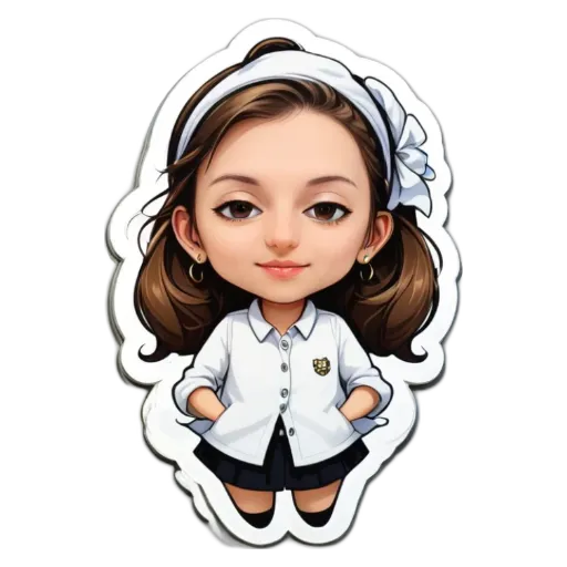 A sticker of a girl wearing a white shirt and black skirt.