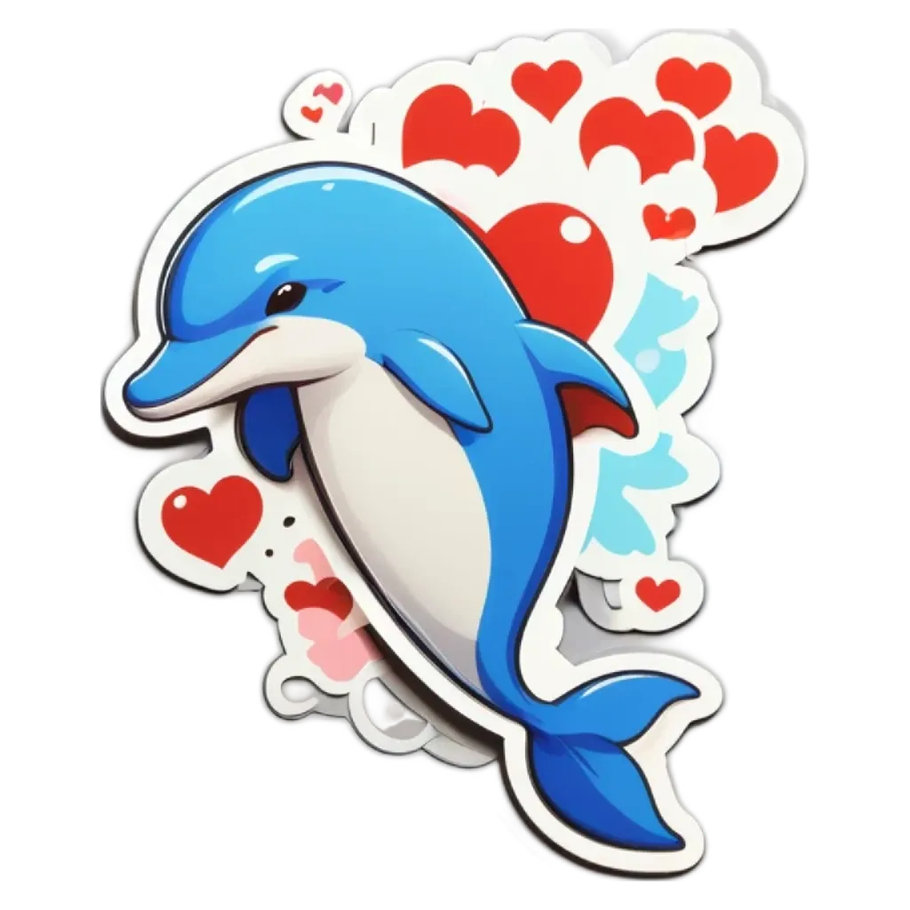 A blue dolphin is in front of hearts.