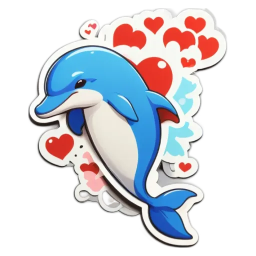 A blue dolphin is in front of hearts.