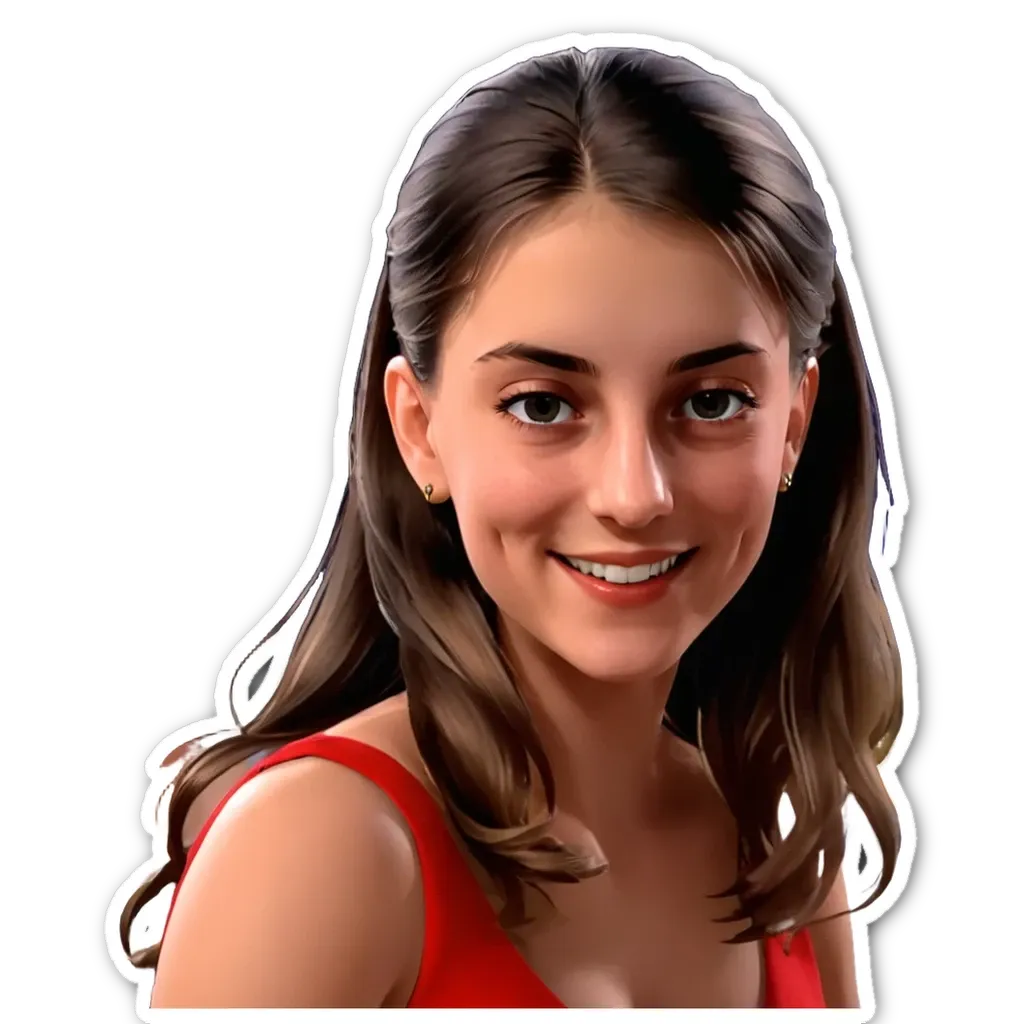 A woman with a red shirt and long hair.