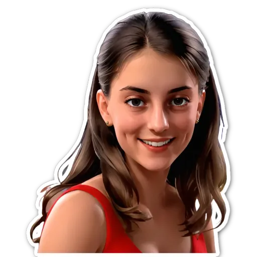 A woman with a red shirt and long hair.