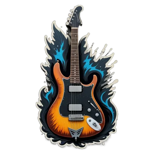 A drawing of a guitar with flames in the background.