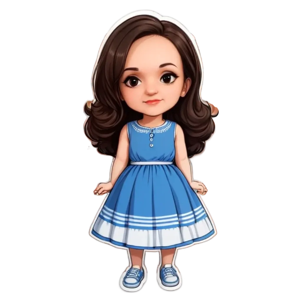 A cartoon girl wearing a blue dress with white stripes is standing on a black background.