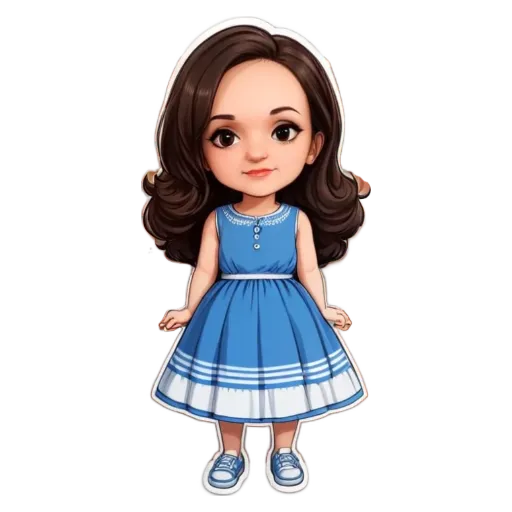 A cartoon girl wearing a blue dress with white stripes is standing on a black background.