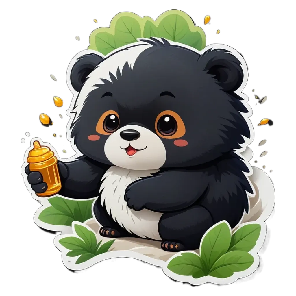 A bear holding a bottle of milk on a black and white background.