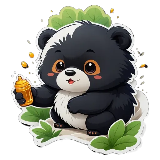 A bear holding a bottle of milk on a black and white background.