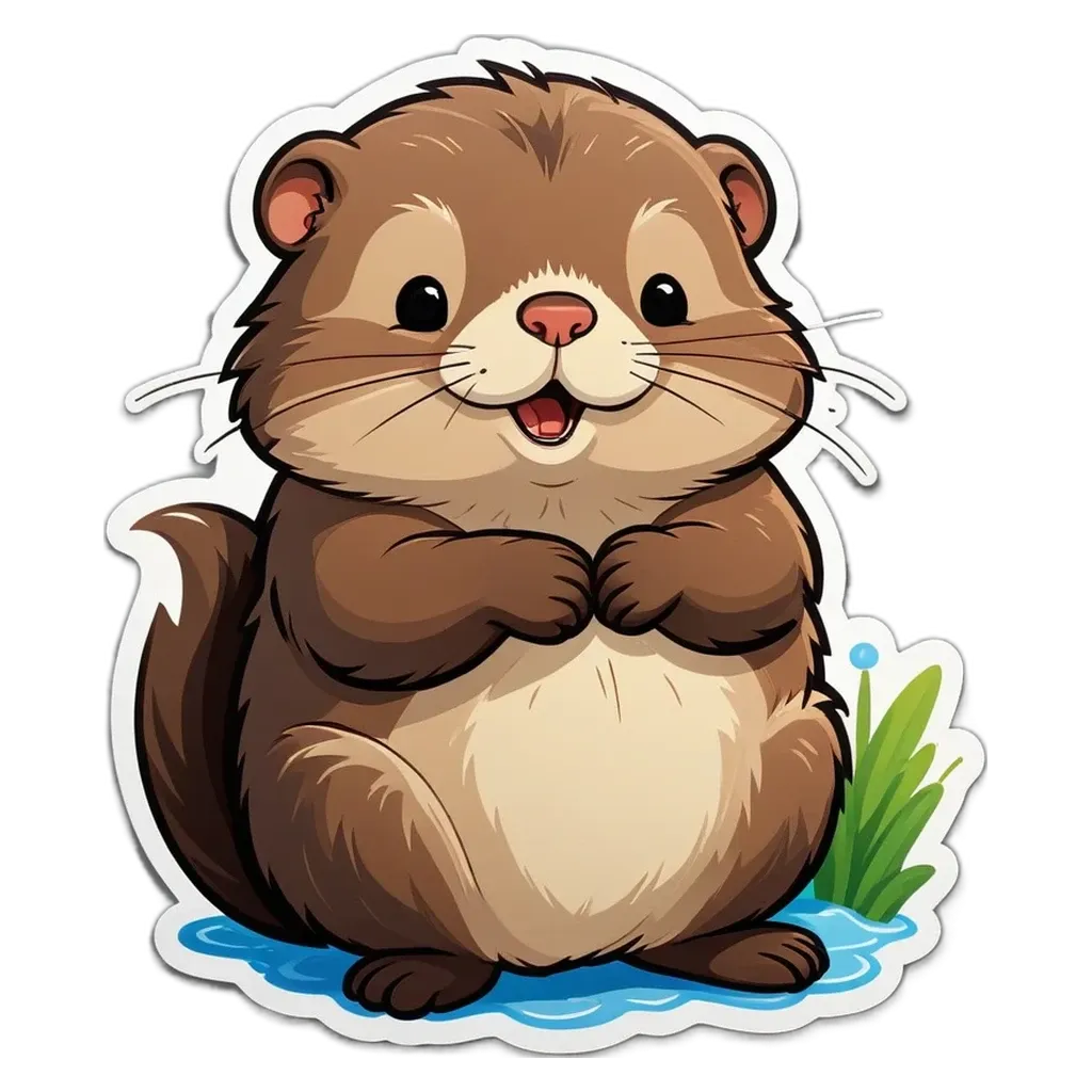 A sticker of a beaver with a mouth that is open.