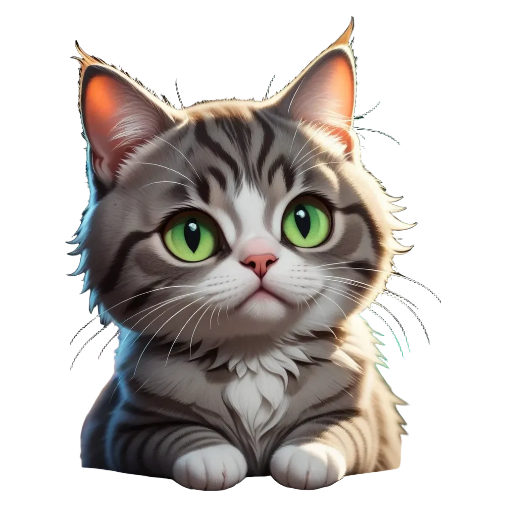 A cartoon cat with green eyes is staring at the camera.