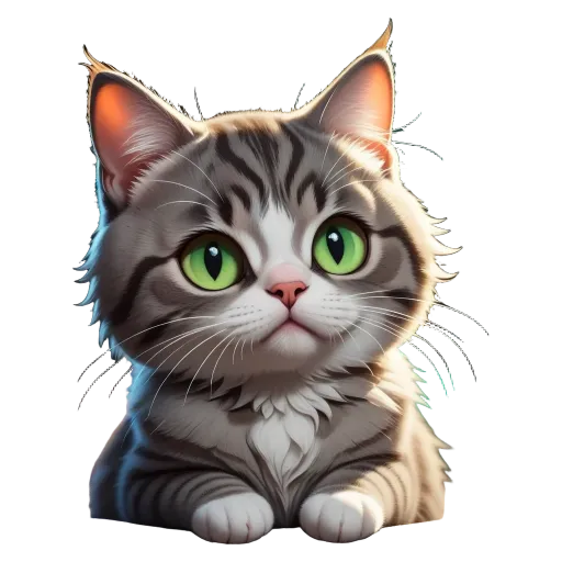 A cartoon cat with green eyes is staring at the camera.