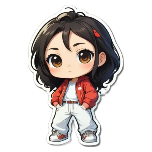 A girl wearing a red jacket is standing with her hands in her pockets.