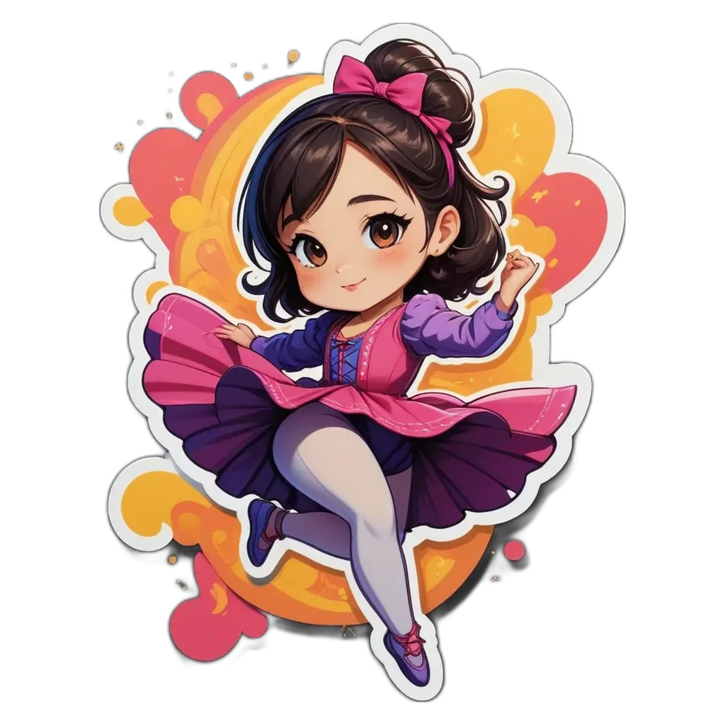 A girl is on a black background with a pink and purple dress and a bow in her hair.