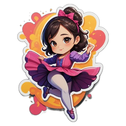 A girl is on a black background with a pink and purple dress and a bow in her hair.