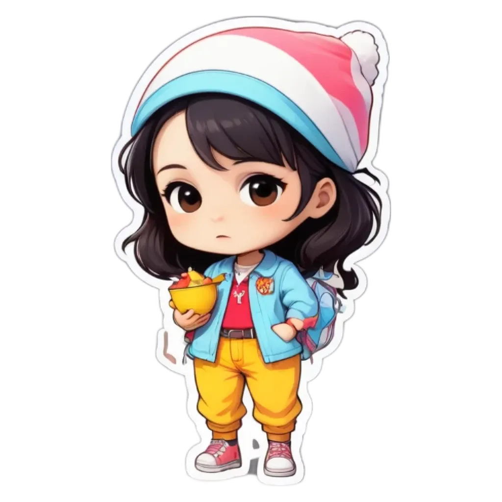 A girl wearing a hat and holding a lunch box.