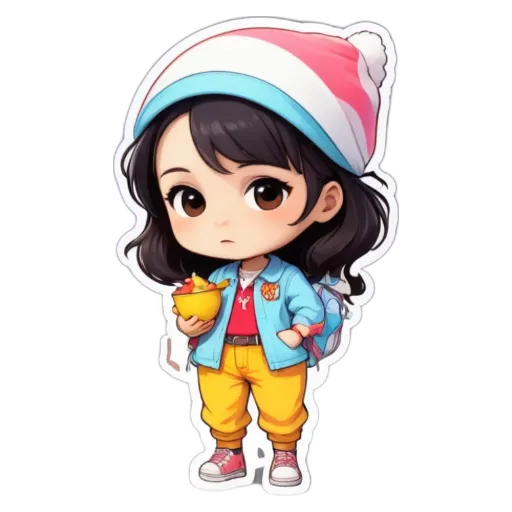 A girl wearing a hat and holding a lunch box.