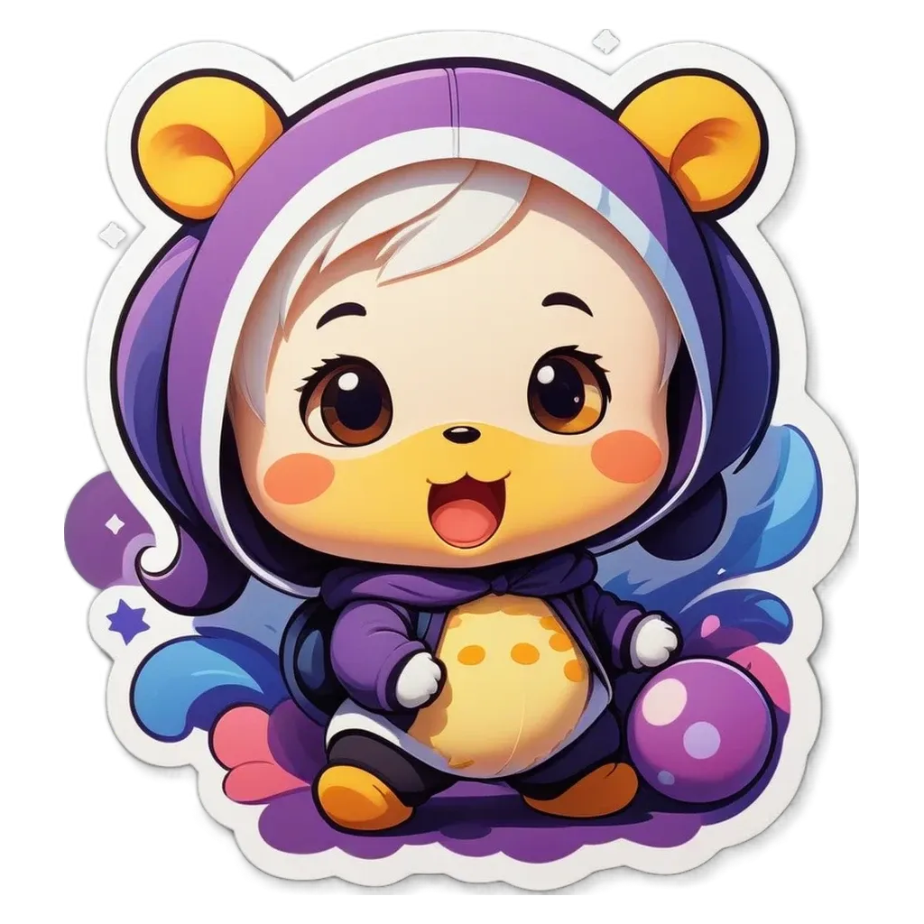 A sticker of a baby panda bear wearing a purple and white outfit.