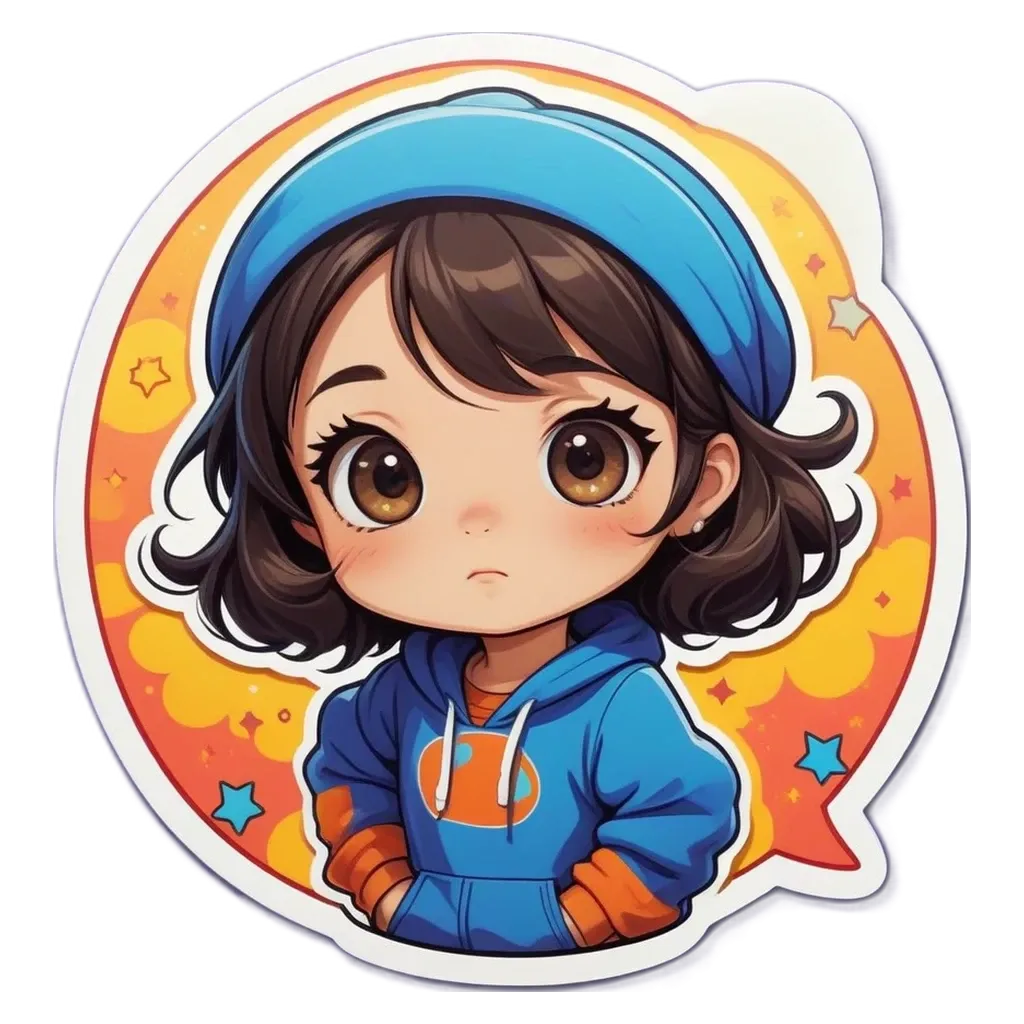 A girl with a blue hat and orange shirt is looking down.