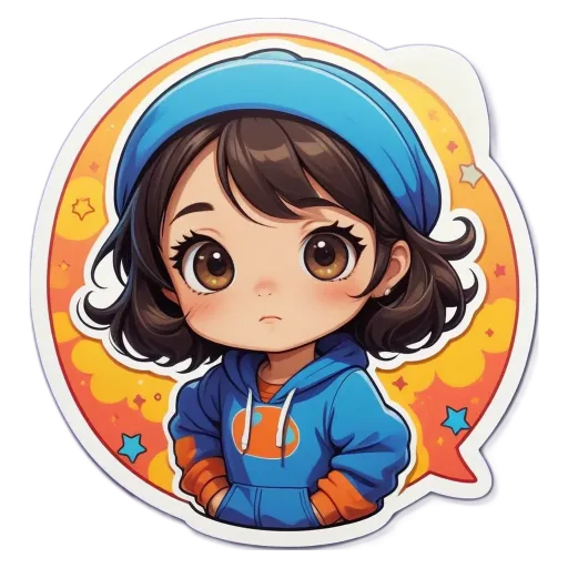 A girl with a blue hat and orange shirt is looking down.