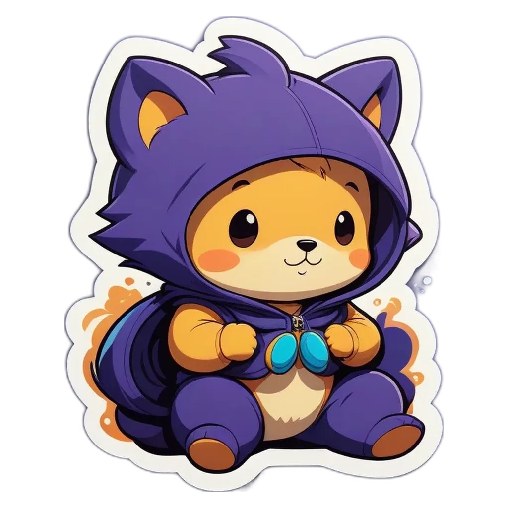 A cartoon picture of a cat wearing a purple costume.