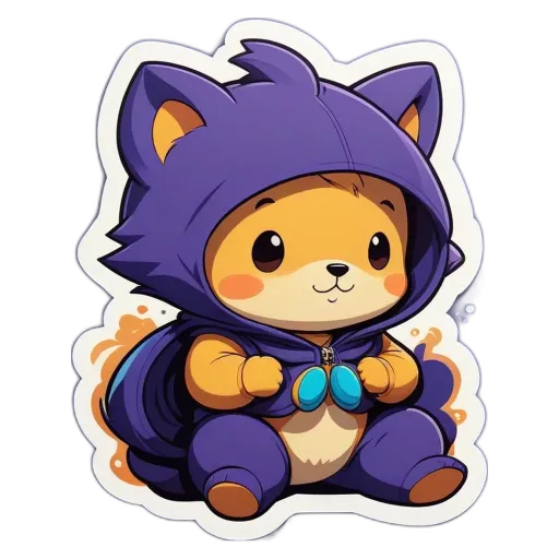 A cartoon picture of a cat wearing a purple costume.