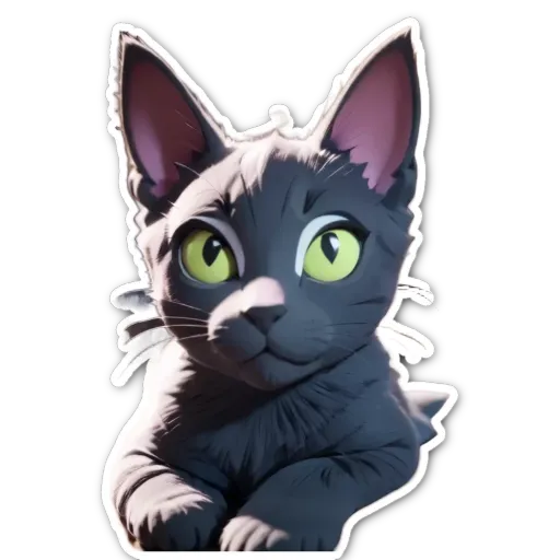 A cat sticker with yellow eyes is lying on a black background.