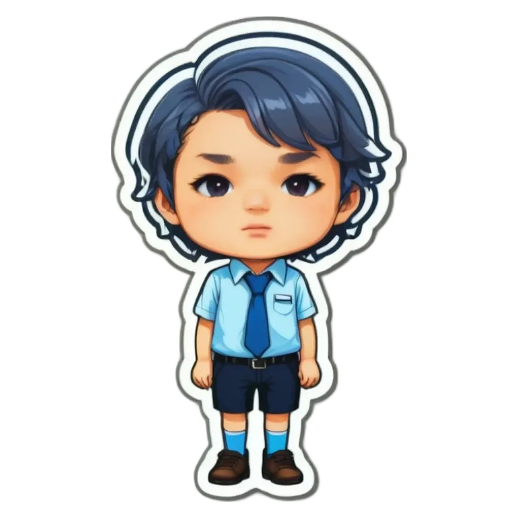 A boy is wearing a blue shirt and tie.
