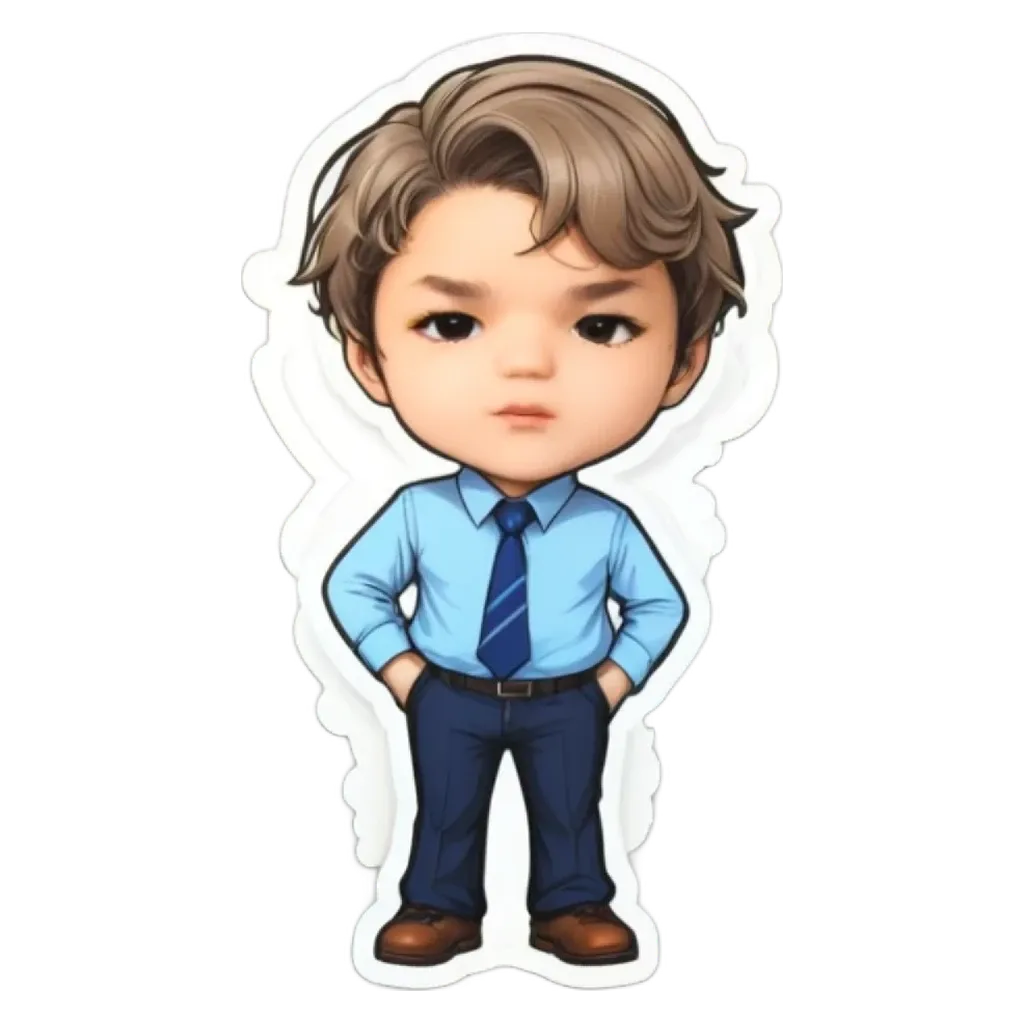 A sticker of a boy wearing a blue shirt and tie.