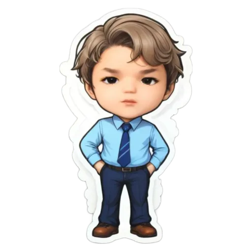 A sticker of a boy wearing a blue shirt and tie.
