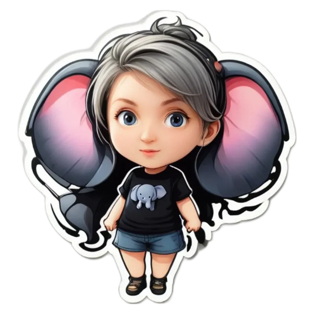 A cartoon girl with an elephant shirt is standing on a black background.
