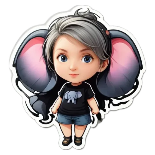 A cartoon girl with an elephant shirt is standing on a black background.