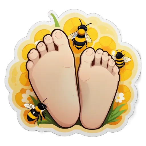 A foot with bumblebees and honeydew melon stickers on it.