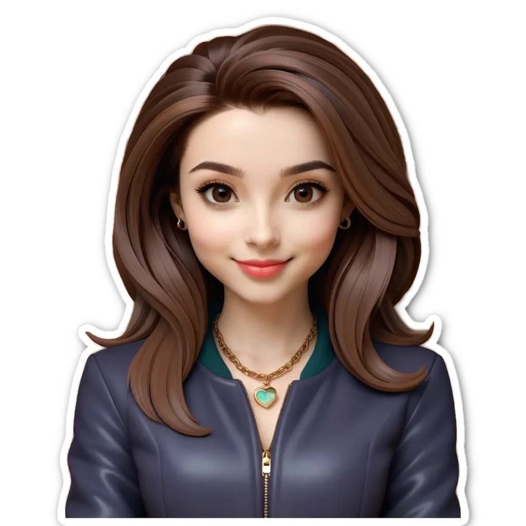 A cartoonish photo of a girl wearing a purple jacket with a heart necklace.