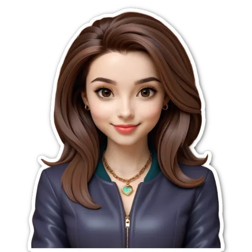 A cartoonish photo of a girl wearing a purple jacket with a heart necklace.