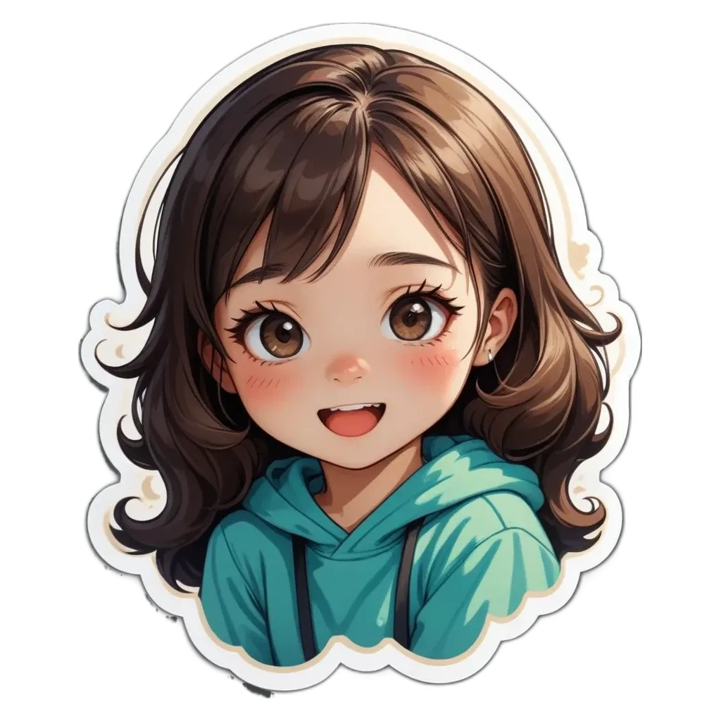 A girl with a green hoodie and a sticker that looks like her.