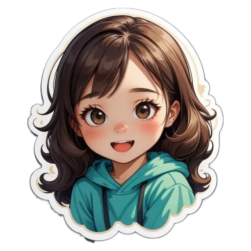 A girl with a green hoodie and a sticker that looks like her.