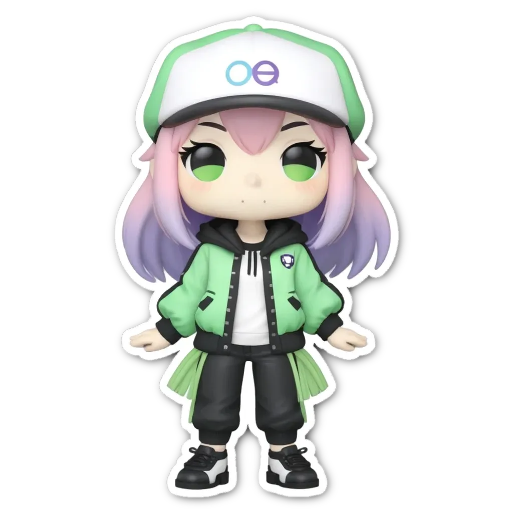 A figurine of a girl wearing a green jacket with an o on it.
