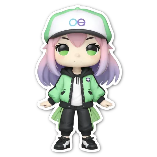 A figurine of a girl wearing a green jacket with an o on it.