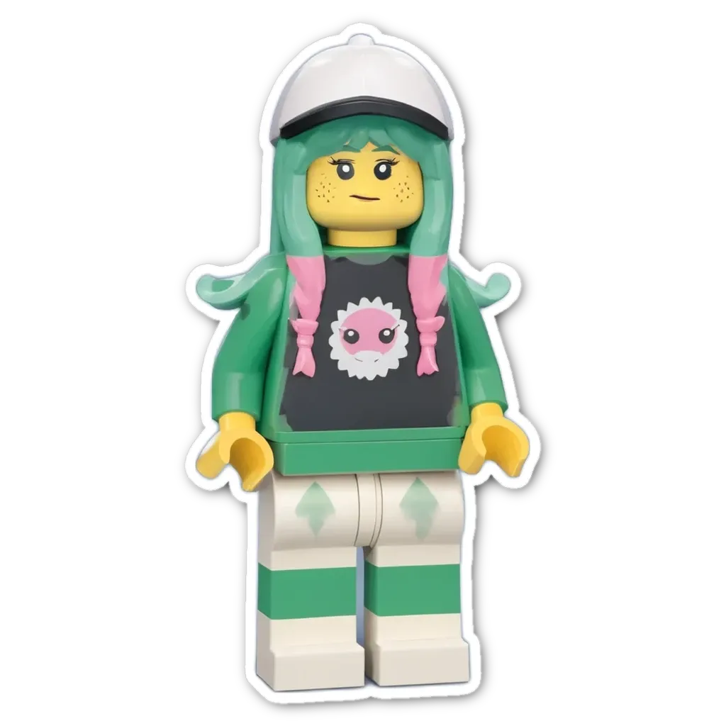 A plastic lego person with a black and white shirt and white hat.