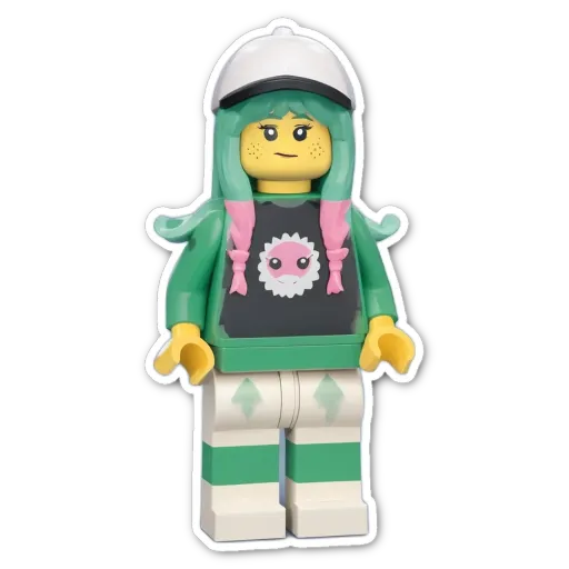 A plastic lego person with a black and white shirt and white hat.