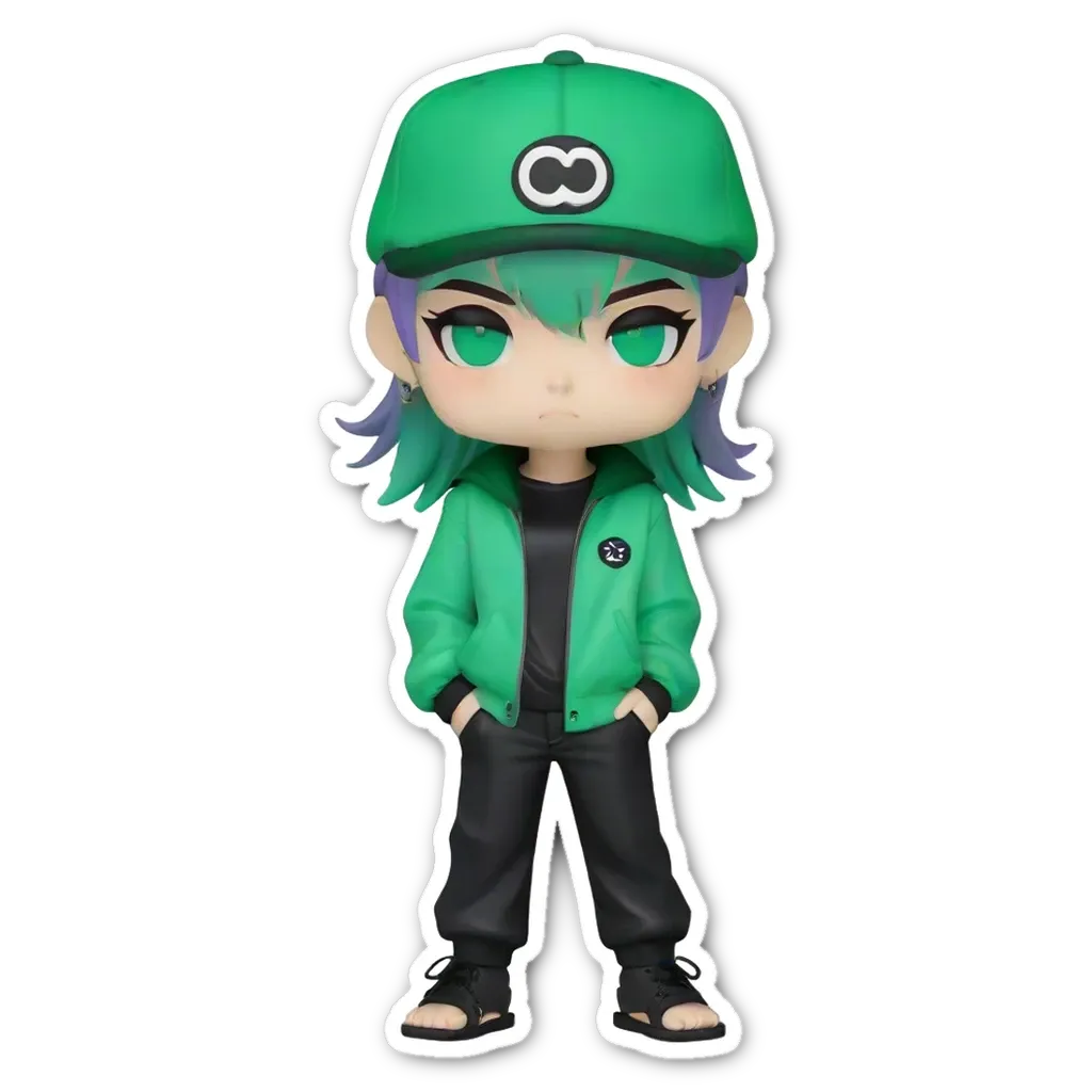 A green figure with a hat and no face.